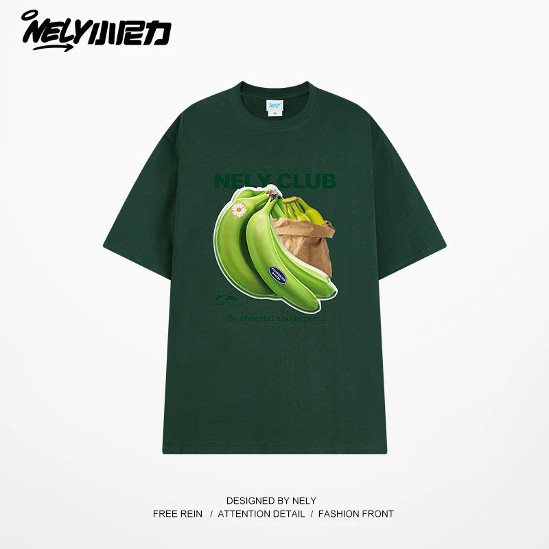 NELY Little Nili National Tide Brand Niche Interesting Banana Print Loose Short Sleeve Summer Cotton American Men and Women T-shirt