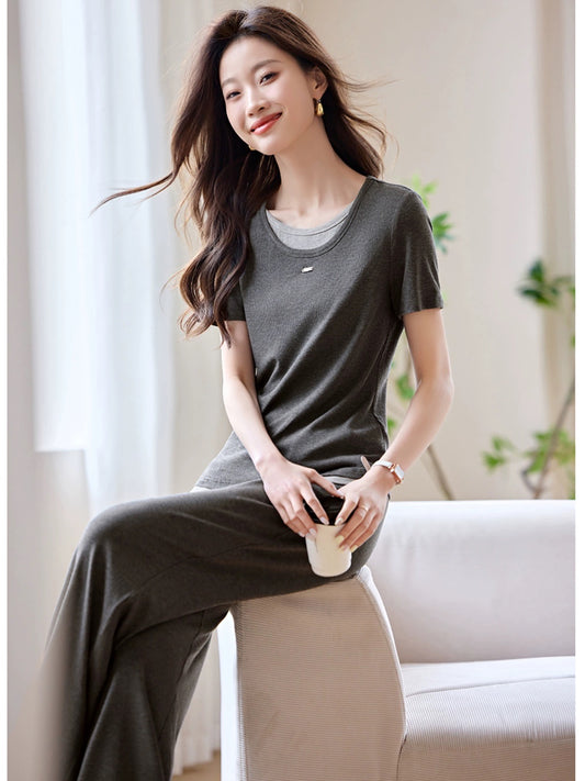 Mohan Yimei casual lazy fake two-piece short-sleeved suit 2024 summer new casual contrasting color fake two-piece suit