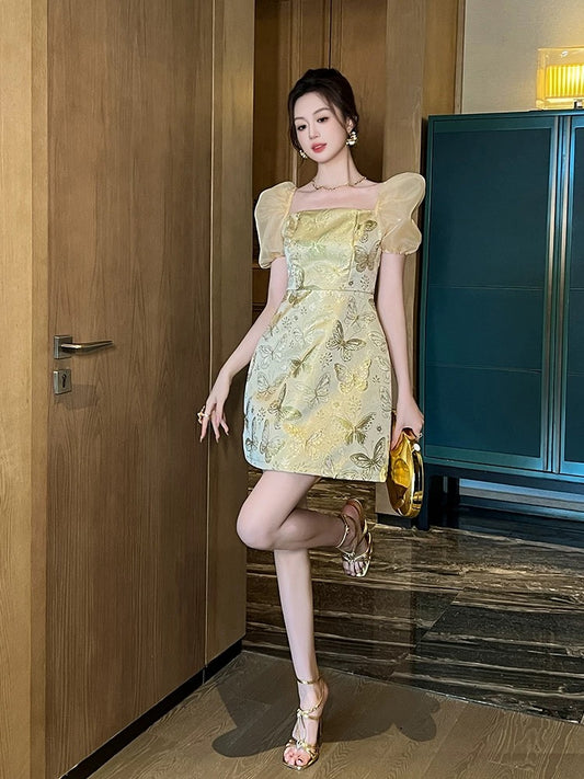Light luxury small fragrance style lady yellow dress female 2025 summer French jacquard fabric niche small dress temperament skirt