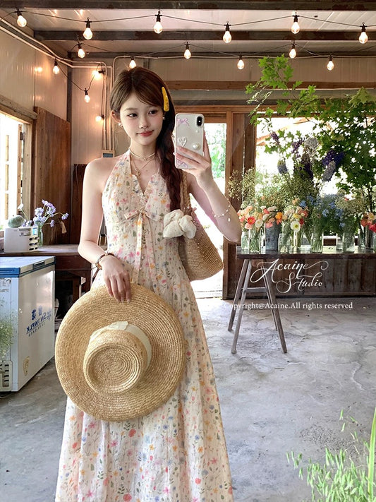 Acaine Long V-Neck Floral Halter Neck Sleeveless Dress for Women, Summer French Country Style Vacation Dress