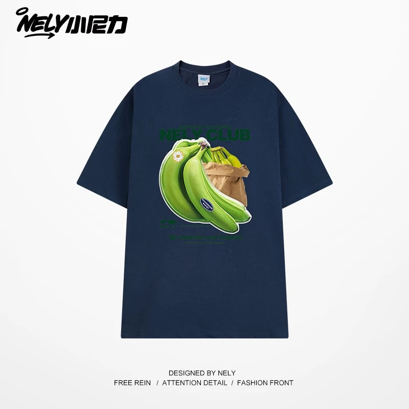 NELY Little Nili National Tide Brand Niche Interesting Banana Print Loose Short Sleeve Summer Cotton American Men and Women T-shirt