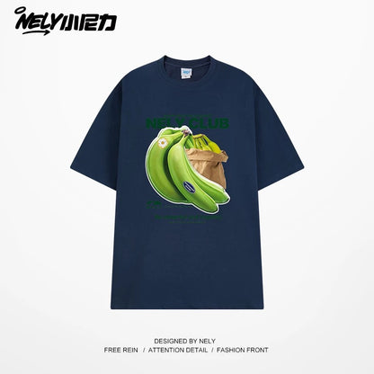 NELY Little Nili National Tide Brand Niche Interesting Banana Print Loose Short Sleeve Summer Cotton American Men and Women T-shirt