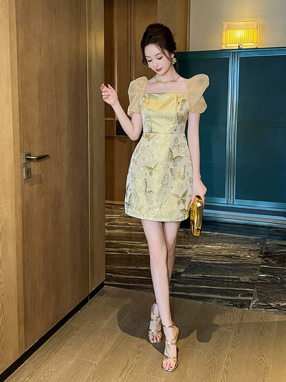 Light luxury small fragrance style lady yellow dress female 2025 summer French jacquard fabric niche small dress temperament skirt
