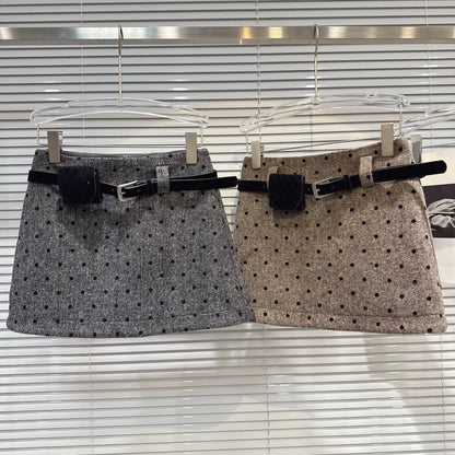 Popular online style, 2025 winter new arrival, Chanel-inspired polka dot wool mini skirt, suede waist bag and belt, A-line skirt.