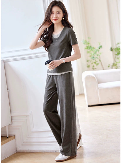Mohan Yimei casual lazy fake two-piece short-sleeved suit 2024 summer new casual contrasting color fake two-piece suit