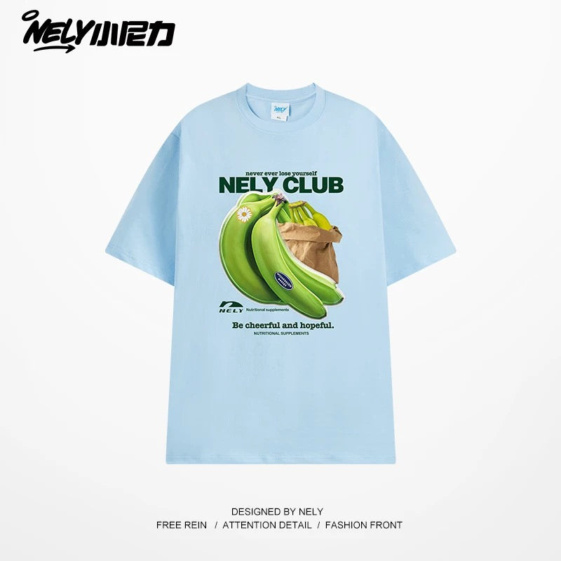 NELY Little Nili National Tide Brand Niche Interesting Banana Print Loose Short Sleeve Summer Cotton American Men and Women T-shirt
