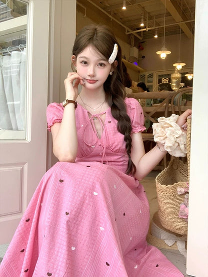 Acaine Sweet Dream Girl Pink Long Fitted Waist V-neck Puff Sleeve Dress Women's Summer French Style Dress