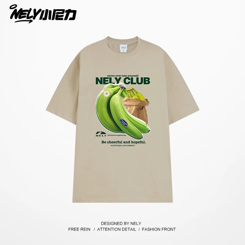 NELY Little Nili National Tide Brand Niche Interesting Banana Print Loose Short Sleeve Summer Cotton American Men and Women T-shirt