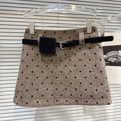 Popular online style, 2025 winter new arrival, Chanel-inspired polka dot wool mini skirt, suede waist bag and belt, A-line skirt.