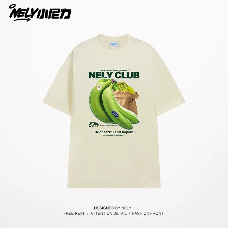 NELY Little Nili National Tide Brand Niche Interesting Banana Print Loose Short Sleeve Summer Cotton American Men and Women T-shirt