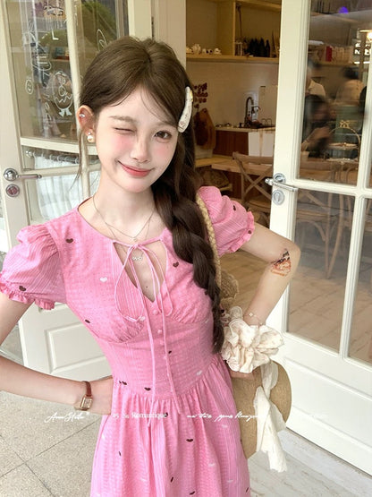 Acaine Sweet Dream Girl Pink Long Fitted Waist V-neck Puff Sleeve Dress Women's Summer French Style Dress
