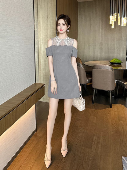 One-shoulder off-shoulder lace polo dress female light luxury niche goddess style gray skirt summer 2025 new