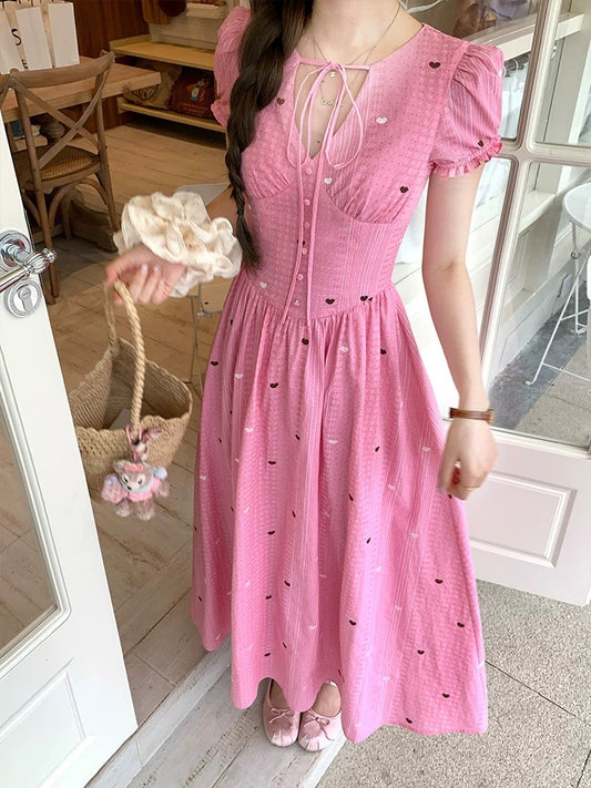 Acaine Sweet Dream Girl Pink Long Fitted Waist V-neck Puff Sleeve Dress Women's Summer French Style Dress