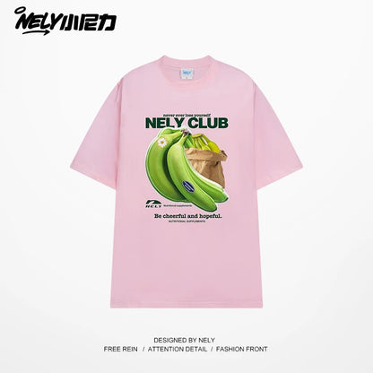NELY Little Nili National Tide Brand Niche Interesting Banana Print Loose Short Sleeve Summer Cotton American Men and Women T-shirt