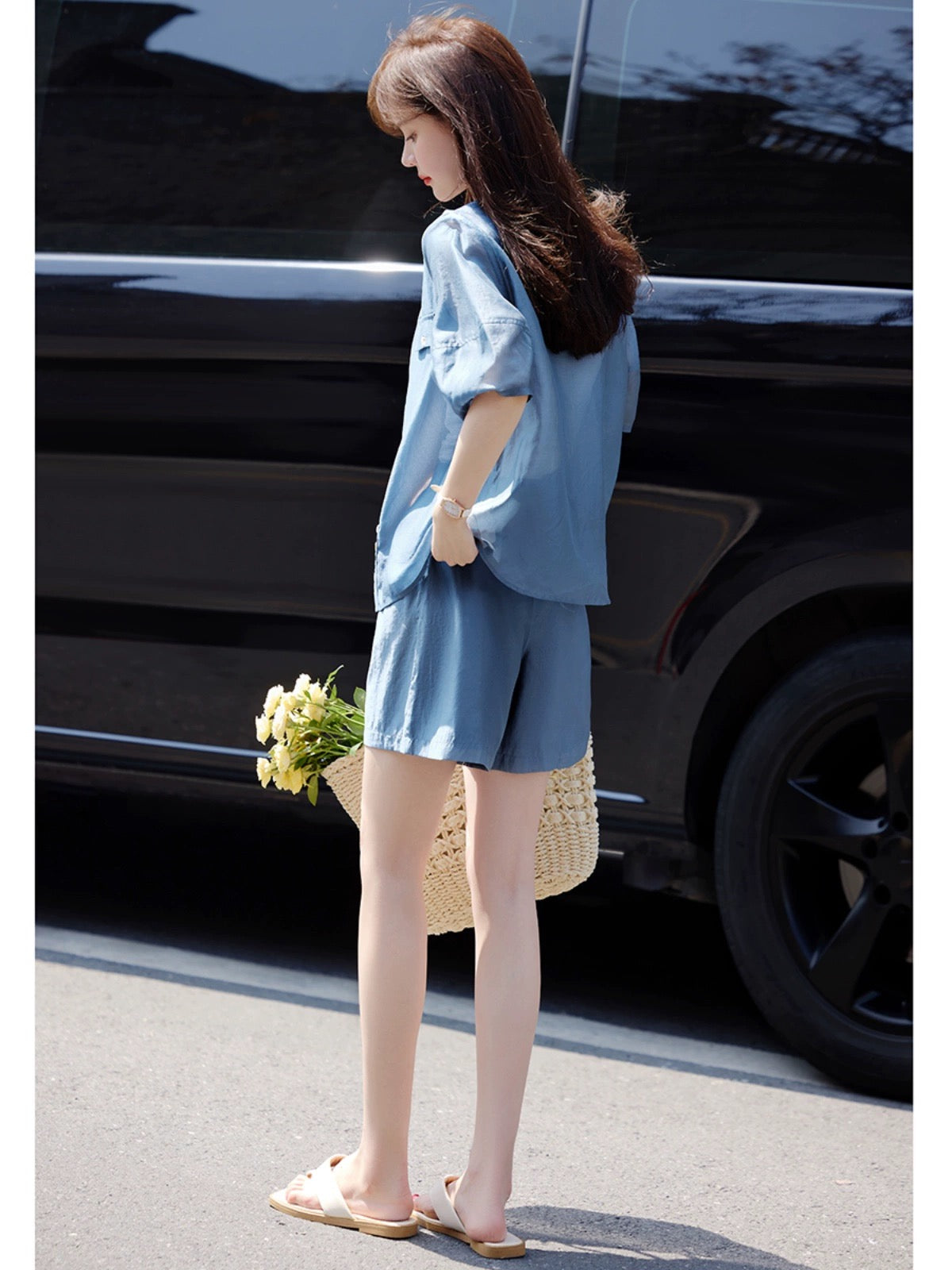 Mohan Yimei casual V-neck thin shirt shorts suit 2024 summer new design slim and elegant suit
