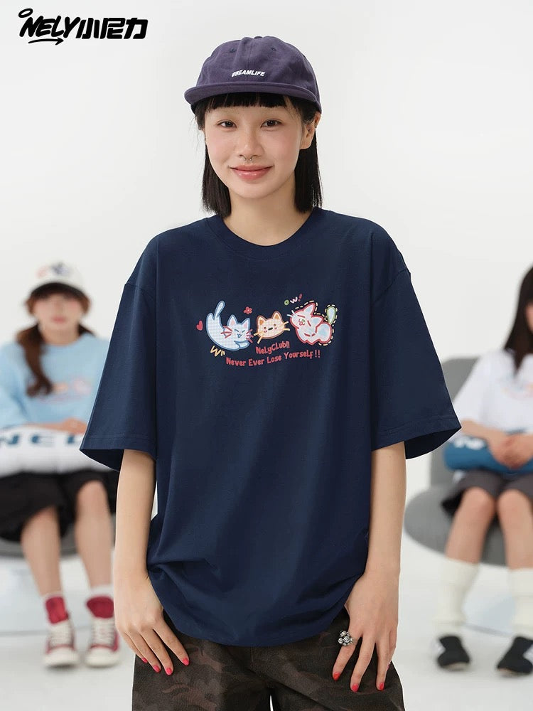 NELY Little Nelly Tide brand cute cat print short-sleeved men and women summer 2025 new loose round neck T-shirt tee