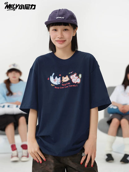 NELY Little Nelly Tide brand cute cat print short-sleeved men and women summer 2025 new loose round neck T-shirt tee