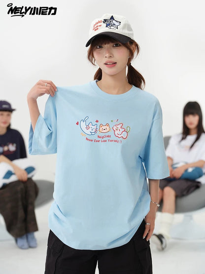 NELY Little Nelly Tide brand cute cat print short-sleeved men and women summer 2025 new loose round neck T-shirt tee