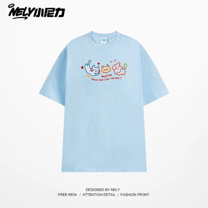 NELY Little Nelly Tide brand cute cat print short-sleeved men and women summer 2025 new loose round neck T-shirt tee