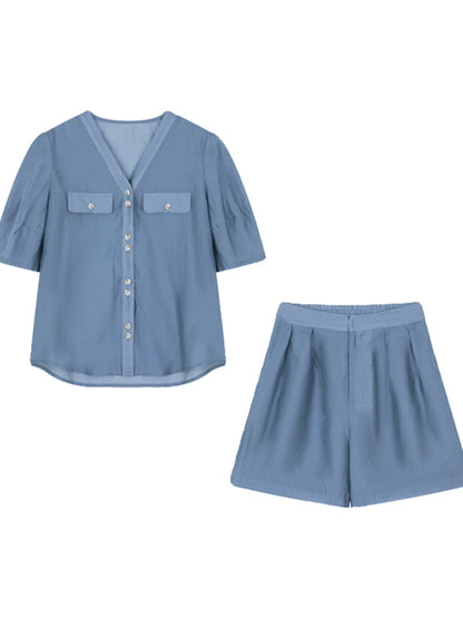 Mohan Yimei casual V-neck thin shirt shorts suit 2024 summer new design slim and elegant suit