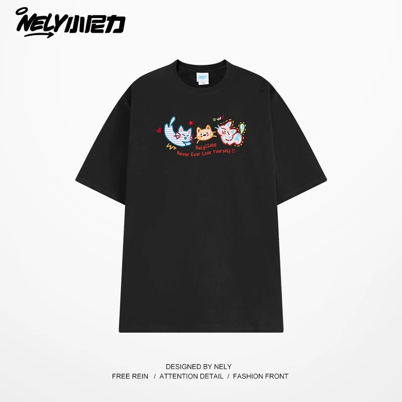 NELY Little Nelly Tide brand cute cat print short-sleeved men and women summer 2025 new loose round neck T-shirt tee