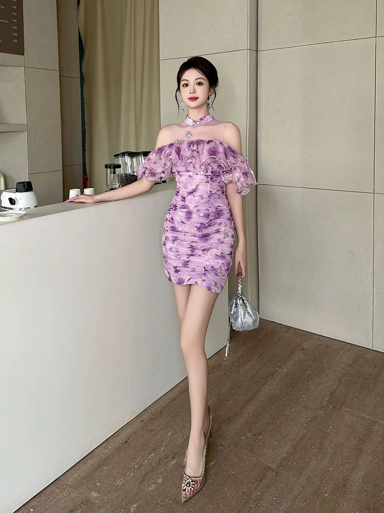 Purple one-shoulder halter neck dress high-end women's clothing sexy ruffled off-shoulder slim chiffon hip skirt