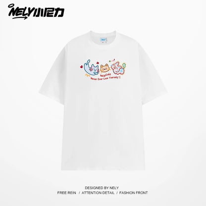 NELY Little Nelly Tide brand cute cat print short-sleeved men and women summer 2025 new loose round neck T-shirt tee