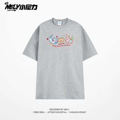 NELY Little Nelly Tide brand cute cat print short-sleeved men and women summer 2025 new loose round neck T-shirt tee