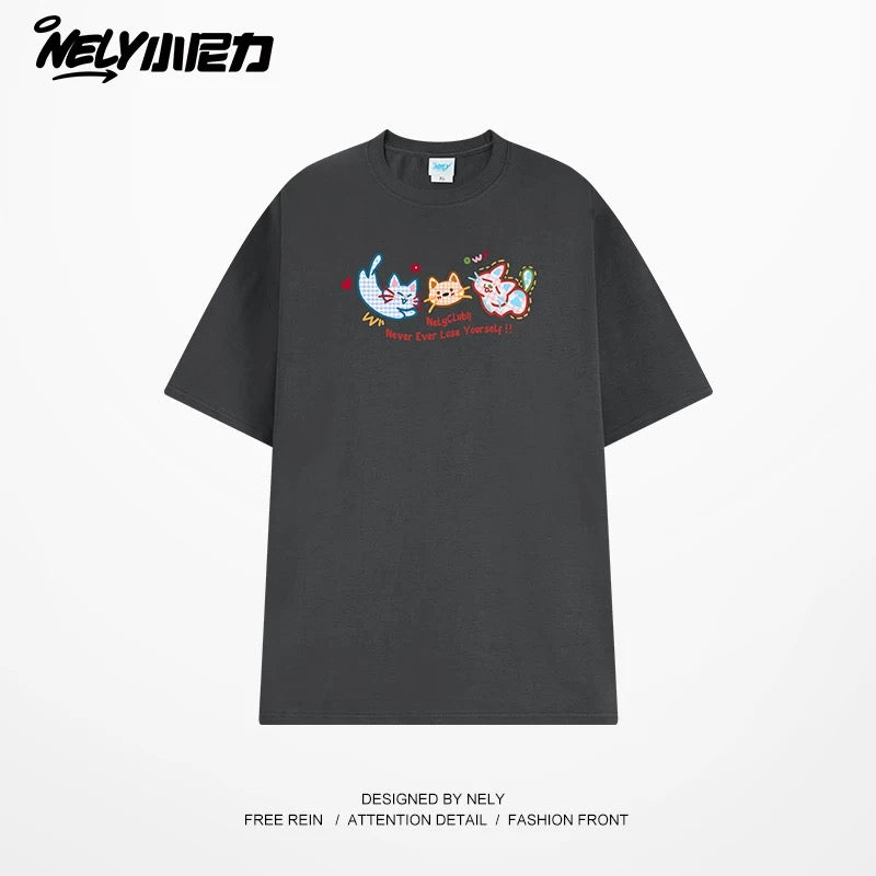 NELY Little Nelly Tide brand cute cat print short-sleeved men and women summer 2025 new loose round neck T-shirt tee