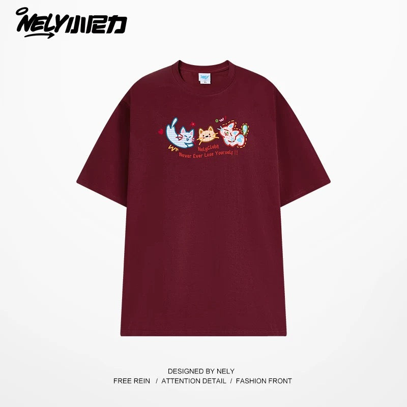 NELY Little Nelly Tide brand cute cat print short-sleeved men and women summer 2025 new loose round neck T-shirt tee