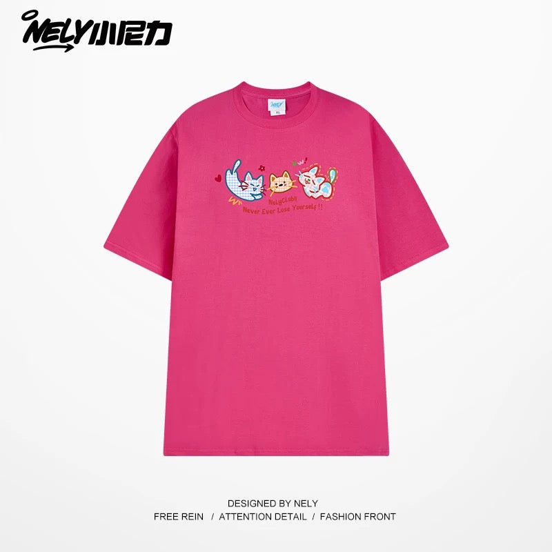 NELY Little Nelly Tide brand cute cat print short-sleeved men and women summer 2025 new loose round neck T-shirt tee