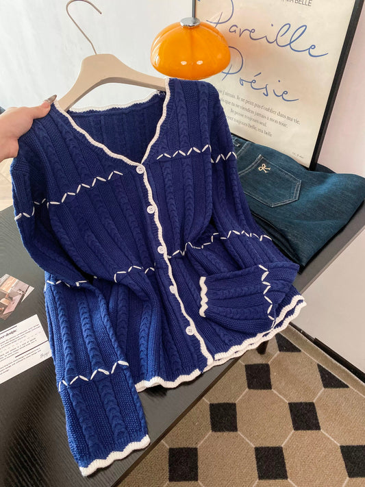 A must-have! ~ Merrard striped V-neck knitted cardigan for women, new autumn/winter style, relaxed and elegant sweater coat.