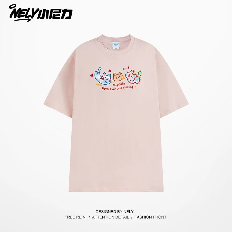 NELY Little Nelly Tide brand cute cat print short-sleeved men and women summer 2025 new loose round neck T-shirt tee
