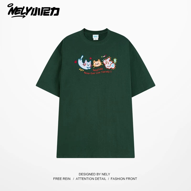 NELY Little Nelly Tide brand cute cat print short-sleeved men and women summer 2025 new loose round neck T-shirt tee