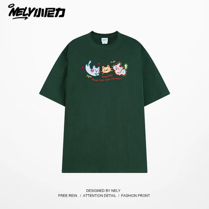 NELY Little Nelly Tide brand cute cat print short-sleeved men and women summer 2025 new loose round neck T-shirt tee