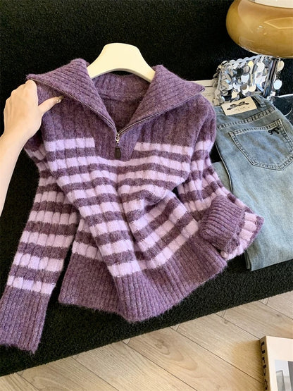 Jade Closet flagship store recommendation: Merlad's sweet-style collared half-zip color-blocked striped knit sweater.