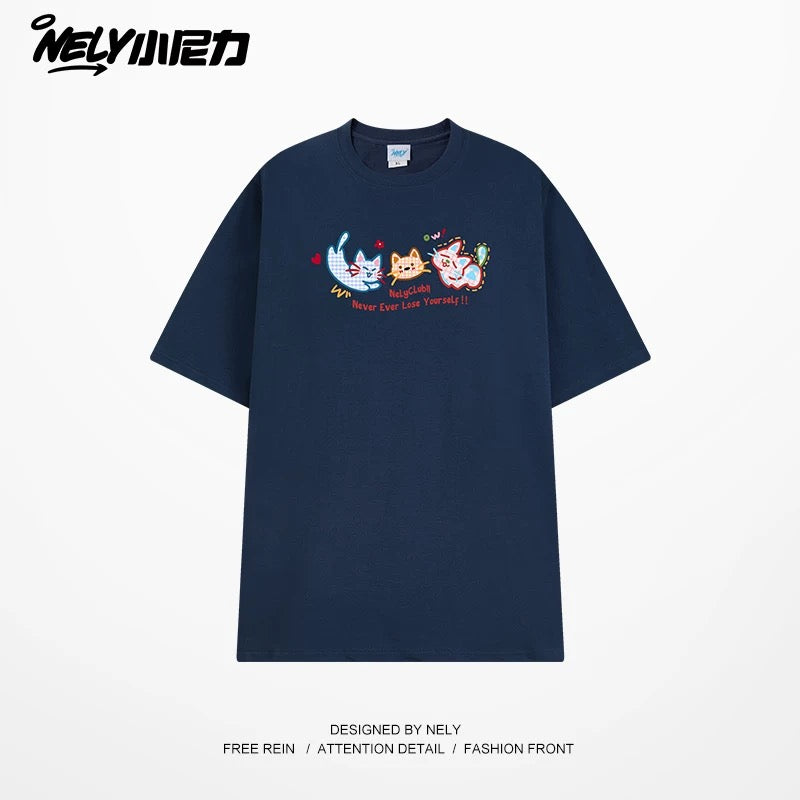 NELY Little Nelly Tide brand cute cat print short-sleeved men and women summer 2025 new loose round neck T-shirt tee