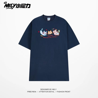 NELY Little Nelly Tide brand cute cat print short-sleeved men and women summer 2025 new loose round neck T-shirt tee