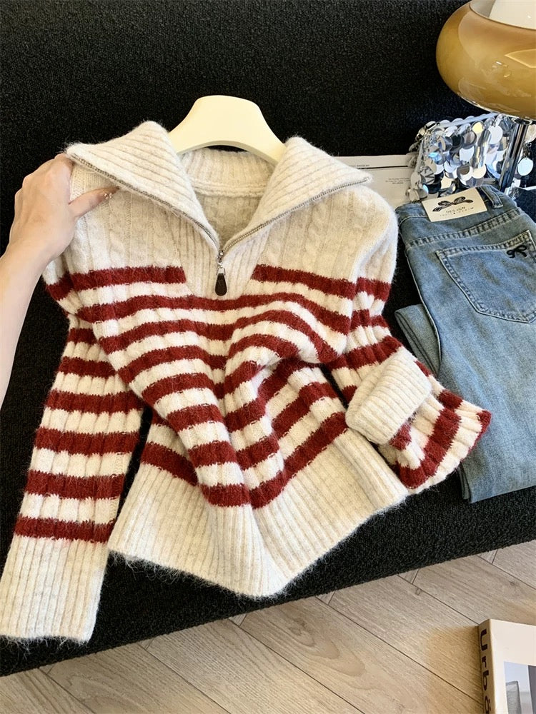 Jade Closet flagship store recommendation: Merlad's sweet-style collared half-zip color-blocked striped knit sweater.