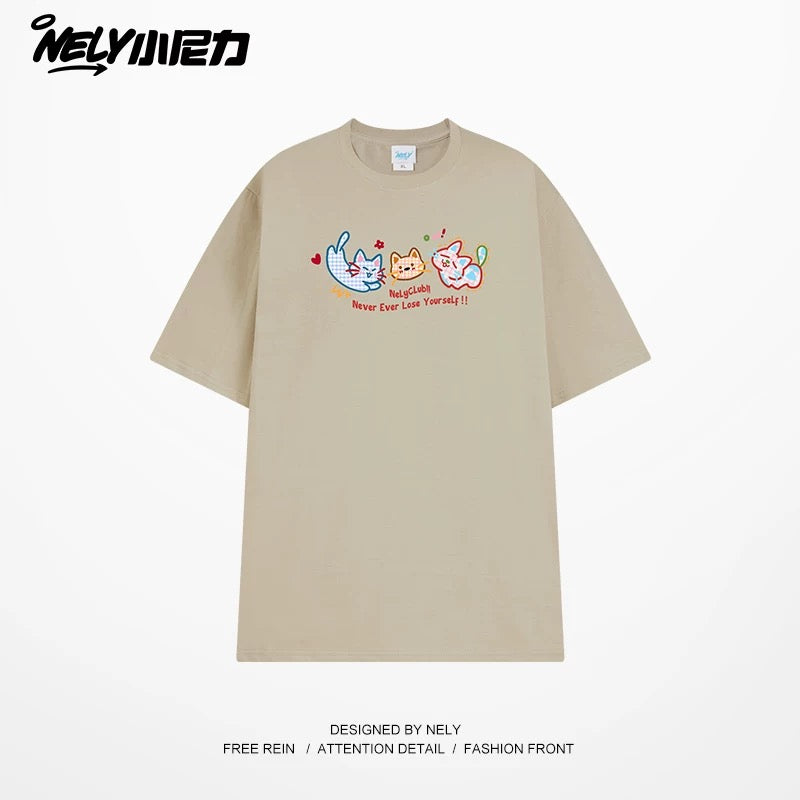 NELY Little Nelly Tide brand cute cat print short-sleeved men and women summer 2025 new loose round neck T-shirt tee