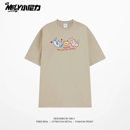 NELY Little Nelly Tide brand cute cat print short-sleeved men and women summer 2025 new loose round neck T-shirt tee