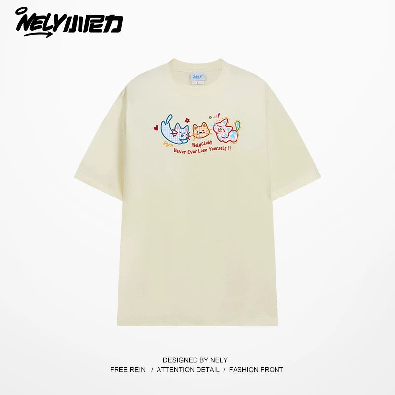 NELY Little Nelly Tide brand cute cat print short-sleeved men and women summer 2025 new loose round neck T-shirt tee