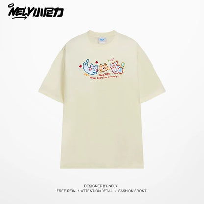 NELY Little Nelly Tide brand cute cat print short-sleeved men and women summer 2025 new loose round neck T-shirt tee