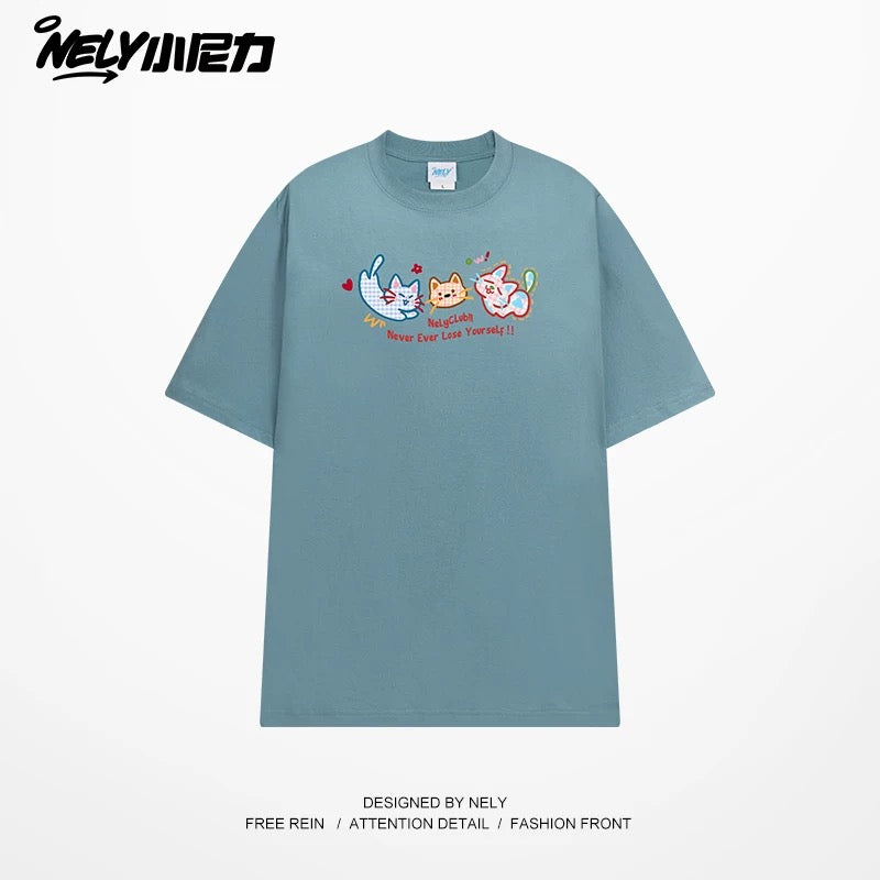 NELY Little Nelly Tide brand cute cat print short-sleeved men and women summer 2025 new loose round neck T-shirt tee