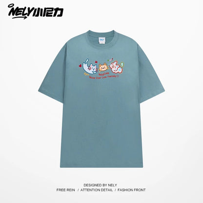 NELY Little Nelly Tide brand cute cat print short-sleeved men and women summer 2025 new loose round neck T-shirt tee