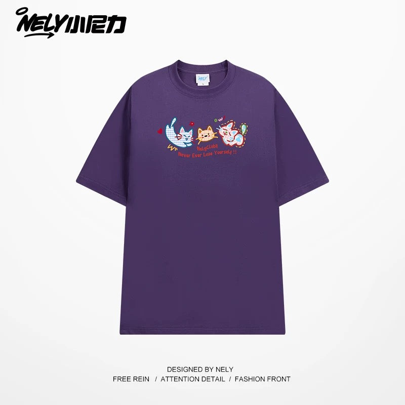 NELY Little Nelly Tide brand cute cat print short-sleeved men and women summer 2025 new loose round neck T-shirt tee