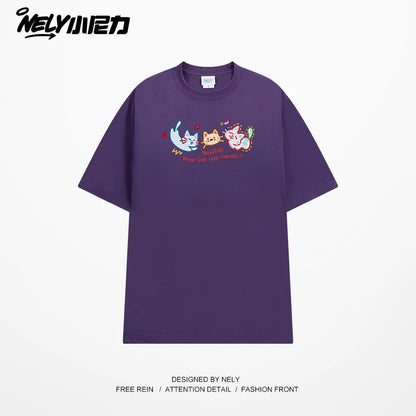 NELY Little Nelly Tide brand cute cat print short-sleeved men and women summer 2025 new loose round neck T-shirt tee