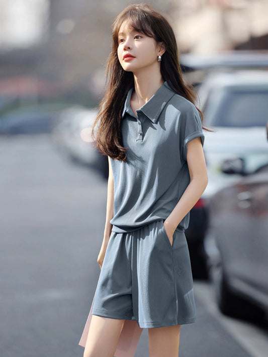 Mohan Yimei outdoor sports POLOT shirt shorts suit 2024 summer new casual simple fashion suit