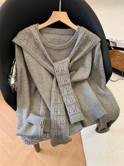 Guangzhou Thirteen Factories High-Quality Hot Item ~ Relaxed and Stylish Shawl Long-Sleeved Knitted Cardigan Two-Piece Set for Women in Autumn