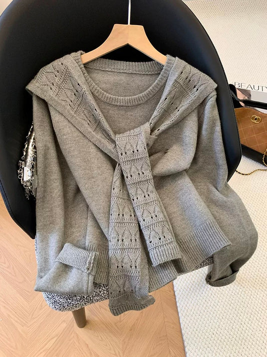 Guangzhou Thirteen Factories High-Quality Hot Item ~ Relaxed and Stylish Shawl Long-Sleeved Knitted Cardigan Two-Piece Set for Women in Autumn